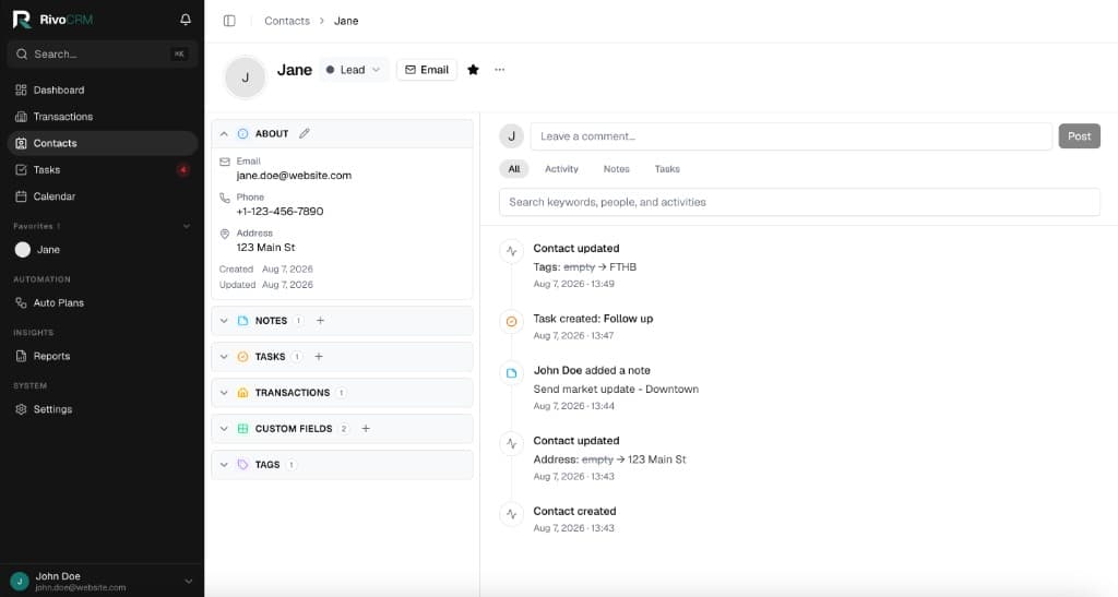 Contact workspace with about panel and activity timeline